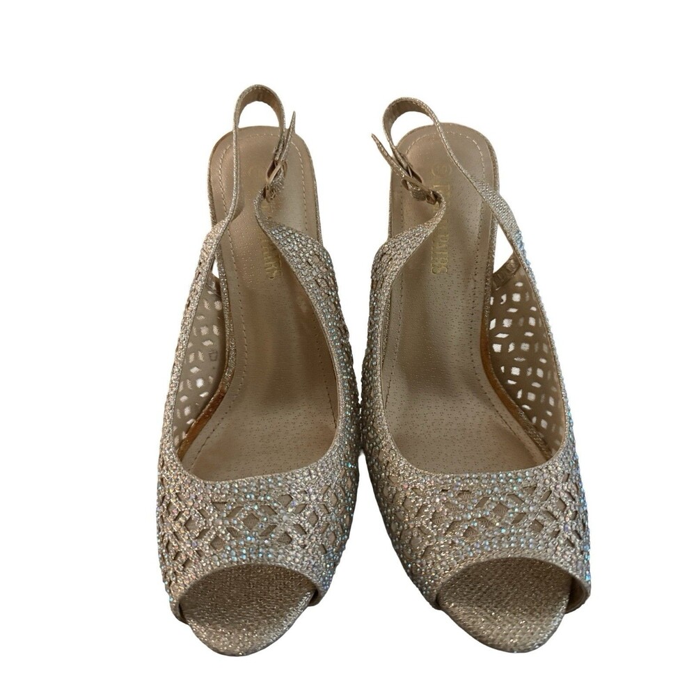 Women’s Dream Pairs Gold Rhinestone Slingback Heels  Size 10 Peep Toe Party